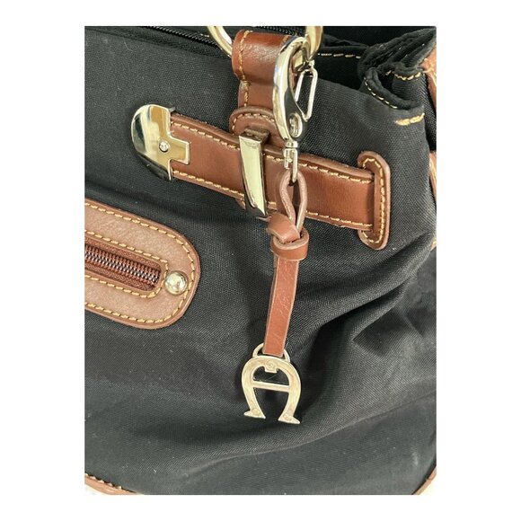 Etienne Aigner Black Canvas Satchel Tote Bag Brown Leather Trim Logo Charm – Eas - Picture 4 of 12